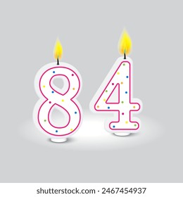 Number eighty four. Birthday candle vector. Colorful polka dots. Grey background illustration.
