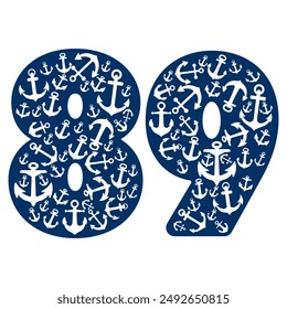 Number Eighty Nine With Anchor Pattern. Number 89 Isolated On A White Background
