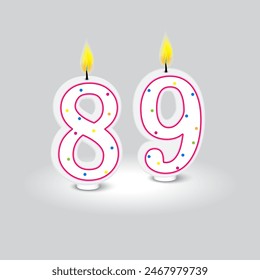 Number eighty nine. Birthday candle vector. Colorful polka dots. Grey background illustration.