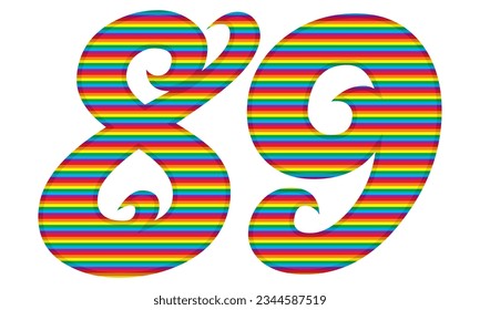 Number Eighty Nine With Rainbow Colors Pattern Vector Illustration. Number 89 In LGBT Flag Colors