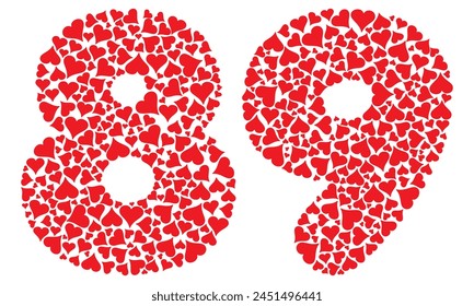 Número Ochenta Y Nueve Con Corazones Rojos Amor Patrón De Ilustración vectorial. Número 89 Aislado Sobre Un Fondo Blanco
