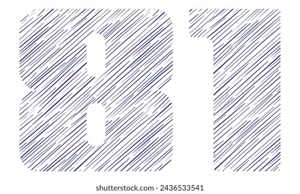 Number Eighty One With Hand Drawn Pattern Vector Illustration. Number 81 With Line Pattern Isolated On A White Background
