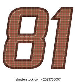 Number Eighty One With Plaid Pattern Vector Illustration. Colorful Textile Number 81 Isolated On A White Background
