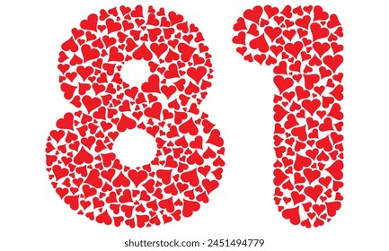 Number Eighty One With Red Hearts Love Pattern Vector Illustration. Number 81 Isolated On A White Background
