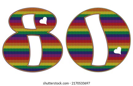 Number Eighty With Rainbow LGBT Pattern. Number 80 Isolated On A White Background. Knitted Pattern In LGBT Flag Colors
