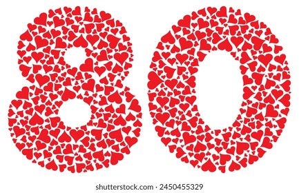 Número Ochenta Con Corazones Rojos Amor Patrón Ilustración vectorial. Número 80 Aislado Sobre Un Fondo Blanco
