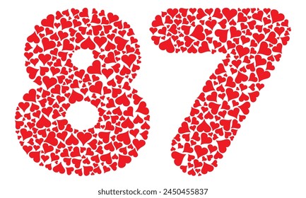 Nummer 87 mit Red Hearts Love Pattern Vektorillustration. Nummer 87 isoliert auf weißem Hintergrund
