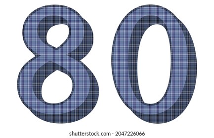 Number Eighty With Textile Texture Vector Illustration. Number 80 With Plaid Pattern Isolated On A White Background

