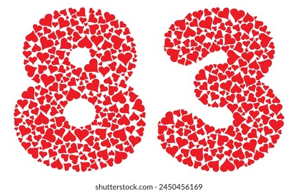 Number Eighty Three With Red Hearts Love Pattern Vector Illustration. Number 83 Isolated On A White Background
 svg