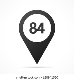 Number Eighty-four, 84 on map pin. Location pointer isolated on a white background.
Conceptual vector illustration.