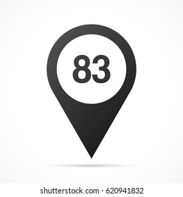 Number Eighty-three, 83 on map pin. Location pointer isolated on a white background.
Conceptual vector illustration.