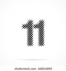 Number Eleven, 11 in halftone. Dotted illustration isolated on a white background.
Vector illustration.