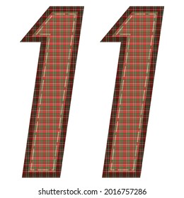 Number Eleven With Plaid Pattern Vector Illustration. Colorful Textile Number 11 Isolated On A White Background
