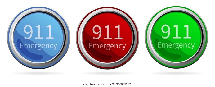 
Number emergency 911 vector icon set. Blue, Red and Green silver metallic web buttons. 911 call center. Vector symbol design illustration