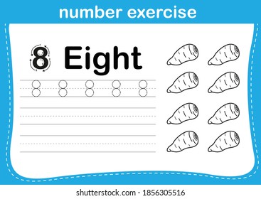 number exercise with cartoon coloring book illustration, vector