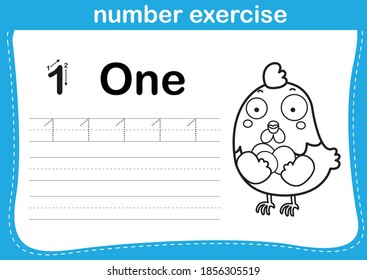 number exercise with cartoon coloring book illustration, vector