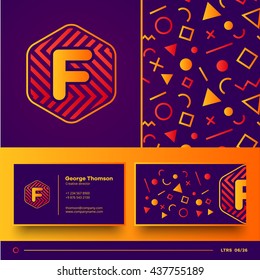 Number F logo element with seamless pattern and business card. Vector design template elements for your application or corporate identity
