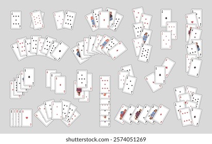 Number and face cards combinations, poker or solitaire playing decks. Vector board games for children and adults. Entertainment and having fun, hobbies and leisure, pastime and improvement of skills