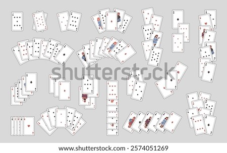 Number and face cards combinations, poker or solitaire playing decks. Vector board games for children and adults. Entertainment and having fun, hobbies and leisure, pastime and improvement of skills