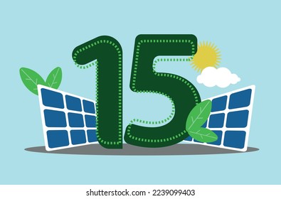 Number fifteen 15 green with solar panel and sun with clouds Sustainability solar energy