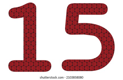 Number Fifteen With Abstract Spheres Pattern Vector Illustration. Red And Black Number 15 Isolated On A White Background
