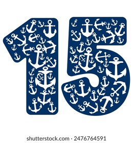 Number Fifteen With Anchor Pattern. Number 15 Isolated On A White Background
