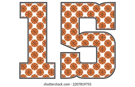 Number Fifteen With Basketball Ball Pattern Vector Illustration. Number 15 Isolated On A White Background
