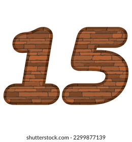 Number Fifteen In Brick Style Vector illustration. Number 15 With Brick Texture Isolated On A White Background