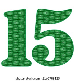 Number Fifteen With Leaves Pattern Vector Illustration. Green Number 15 With Ecological Texture Isolated On A White Background
