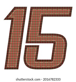 Number Fifteen With Plaid Pattern Vector Illustration. Colorful Textile Number 15 Isolated On A White Background
