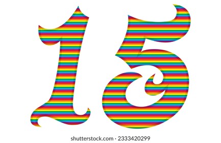 Number Fifteen With Rainbow Colors Pattern Vector Illustration. Number 15 In LGBT Flag Colors