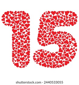 Number Fifteen With Red Hearts Love Pattern Vector Illustration. Number 15 Isolated On A White Background
