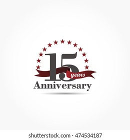 number fifteen with red ribbon and stars for anniversary logo vector