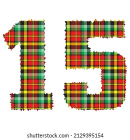 Number Fifteen With Textile Texture. Number 15 With Plaid Pattern Isolated On A White Background
