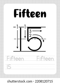 Number Fifteen. Tracing Worksheet for kids. Learn how to write numbers for Preschool Kids. Practicing motor skills for kids. Flat vector illustration for printing.