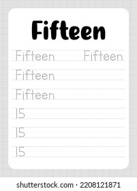 Number Fifteen. Tracing Worksheet for kids. Learn how to write numbers for Preschool Kids. Practicing motor skills for kids. Printable vector illustration.