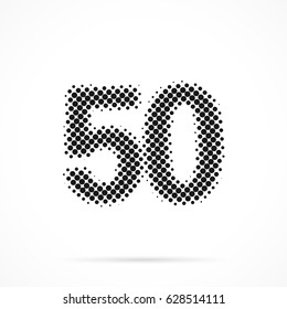 Number Fifty, 50 in halftone. Dotted illustration isolated on a white background.
Vector illustration.