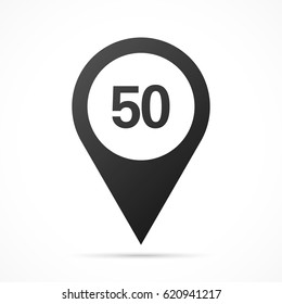 Number Fifty, 50 on map pin. Location pointer isolated on a white background.
Conceptual vector illustration.