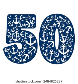 Number Fifty With Anchor Pattern. Number 50 Isolated On A White Background
