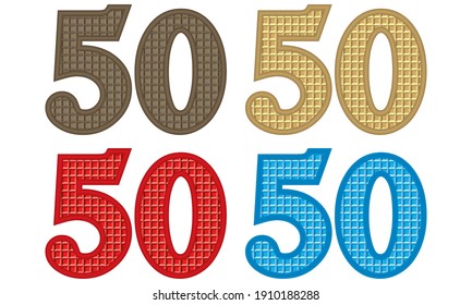 Número Cincuenta Con Ilustración De Vector De Patrón De Chocolate. Número Cincuenta Aislados En Fondo Blanco. Número Cincuenta Con Patrón De Wafer