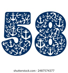 Number Fifty Eight With Anchor Pattern. Number 58 Isolated On A White Background

