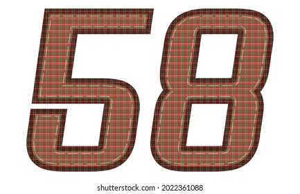 Number Fifty Eight With Plaid Pattern Vector Illustration. Colorful Textile Number 58 Isolated On A White Background
