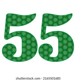 Número Cincuenta Y Cinco Con Ilustración Del Vector De Patrón De Hojas. Número Verde 55 Con Textura Ecológica Aislada En Fondo Blanco
