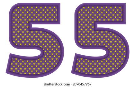 Number Fifty Five With Star Shaped Pattern Vector Illustration. Number 55 With Star Texture Isolated On A White Background
