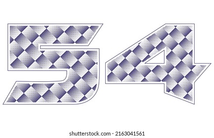 Number Fifty Four With Dotted Pattern Vector Illustration. Blue Number 54 Isolated On A White Background
