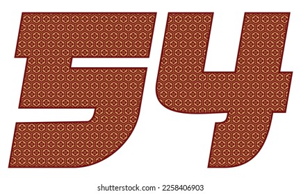 Number Fifty Four With Japanese Seamless Vintage Pattern Vector Illustration. Number 54 Isolated In A White Background