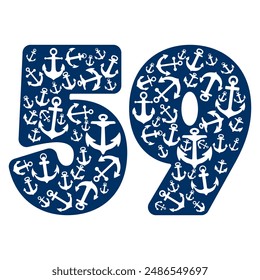 Number Fifty Nine With Anchor Pattern. Number 59 Isolated On A White Background
