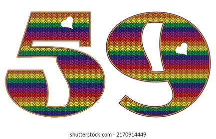 Number Fifty Nine With Rainbow LGBT Pattern. Number 59 Isolated On A White Background. Knitted Pattern In LGBT Flag Colors
