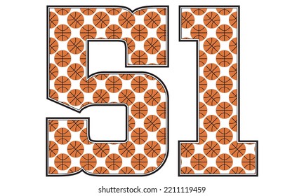 Number Fifty One With Basketball Ball Pattern Vector Illustration. Number 51 Isolated On A White Background
