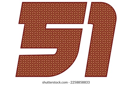 Number Fifty One With Japanese Seamless Vintage Pattern Vector Illustration. Number 51 Isolated In A White Background